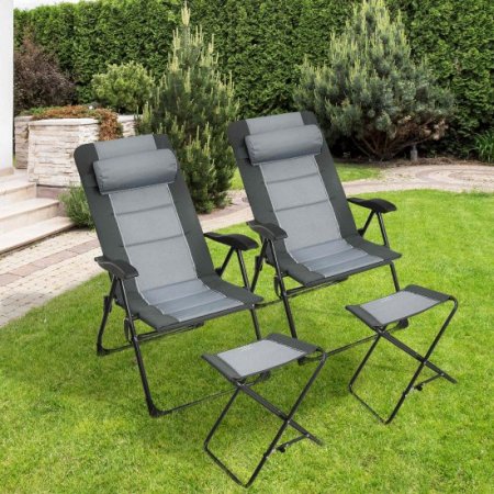 Costway 4PCS Patio Folding Dining Chair Ottoman Set Recliner Adjustable Gray