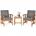 Costway 3PCS Solid Wood Patio Furniture Set Table&Chairs Grey Cushion