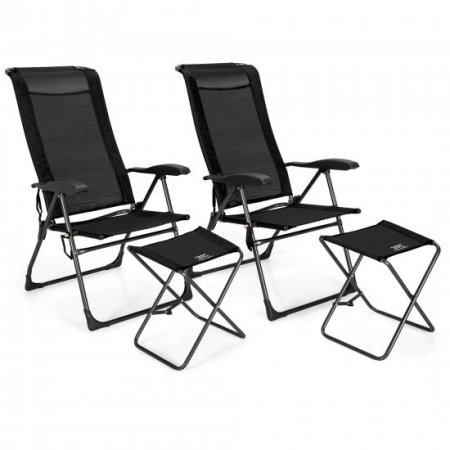 Costway 4PCS Patio Folding Dining Chair Ottoman Set Adjustable Back Camp Black