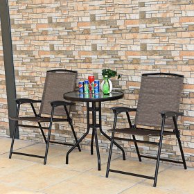 Costway 3PC Bistro Patio Garden Furniture Set 2 Folding Chairs Glass Table Top Steel