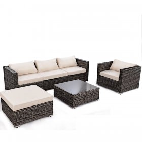 Costway 6PC Furniture Set Patio Sofa PE Gray Rattan Couch 2 Set Cushion Covers
