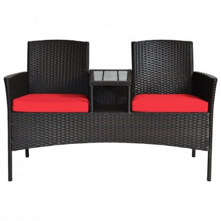 Costway Patio Rattan Loveseat Sofa Cushioned Coffee Table Red