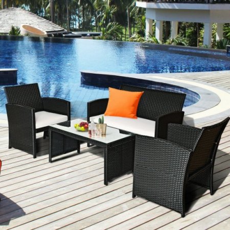 Costway 4PCS Patio Rattan Wicker Furniture Conversation Set Cushioned Sofa Table