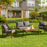 Costway 4PCS Wooden Patio Furniture Set Table Sofa Chair Cushioned Garden NEW