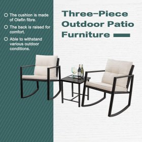 Lacoo 3 Pieces Patio Furniture Set Rocking Wicker Bistro Sets Modern Outdoor Rocking Chair Furniture Set Cushioned PE Rattan Chairs Conversation Set with Glass Coffee Table, Black