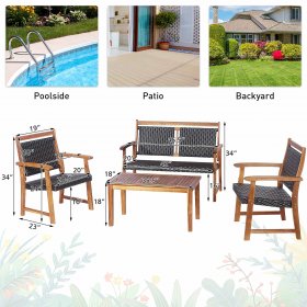 Costway 4 PCS Patio Rattan Furniture Set Acacia Wood Frame Sofa Loveseat Garden