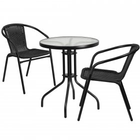 Flash Furniture 23.75 Round Glass Metal Table with 2 Black Rattan Stack Chairs