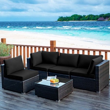 Costway 5PCS Patio Rattan Furniture Set Cushioned Sofa Chair Coffee Table Black