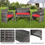 Costway 4PCS Patio Rattan Conversation Glass Table Top Cushioned Sofa Red