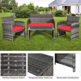 Costway 4PCS Patio Rattan Conversation Glass Table Top Cushioned Sofa Red