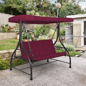 Costway Converting Outdoor Swing Canopy Hammock 3 Seats Patio Deck Furniture Wine Red
