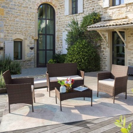 Lacoo 4 Piece Outdoor Patio Conversation Furniture Sets with Cushioned Tempered Glass