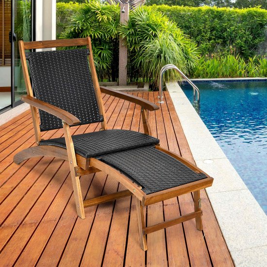 Costway Patio Folding Rattan Lounge Chair Wooden Frame W/ Retractable Footrest