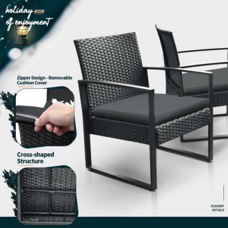 Lacoo 3 Pieces Patio Conversation Set PE Rattan Bistro Chairs Set of 2 with Coffee Table, Black