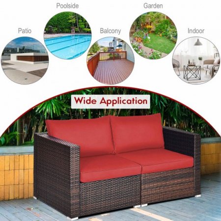 Costway 2PCS Patio Rattan Corner Sofa Sectional Furniture Set Red Cushion