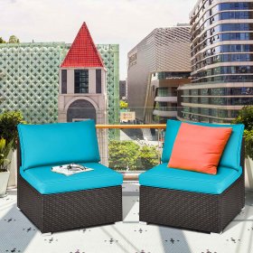 2PCS Patio Rattan Armless Sofa Sectional Conversation Furniture Set W/Cushion Turquoise