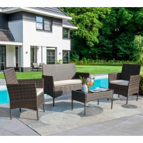 Lacoo 4 Piece Outdoor Patio Conversation Furniture Sets with Cushioned Tempered Glass