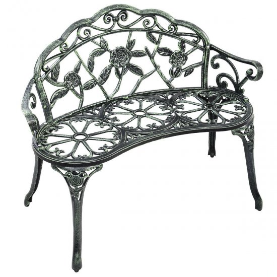 Costway Patio Garden Bench Chair Style Porch Cast Aluminum Outdoor Rose Antique Green