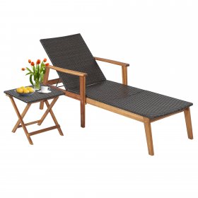 Costway 3PCS Patio Rattan Lounge Chair Chaise Set Wooden Frame Folding Table