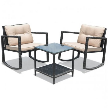 Costway 3PC Patio Rattan Conversation Set Rocking Chair Cushioned Sofa Garden Furniture