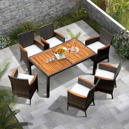 Costway 7PCS Patio Rattan Dining Set Acacia Wood Table Cushioned Chair Mix Gray