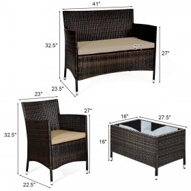 Costway 4PCS Rattan Patio Furniture Set Cushioned Sofa Chair Coffee Table Garden