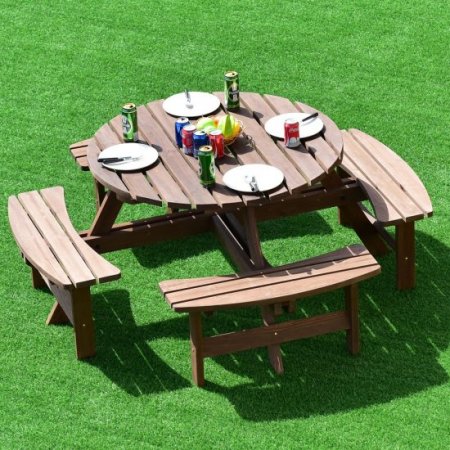 Costway Patio 8 Seat Wood PicnicTable Beer Dining Seat Bench Set Pub Garden Yard