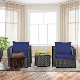 Costway 3PCS Patio Rattan Wicker Furniture Set Sofa Table W/Cushion Yard Navy