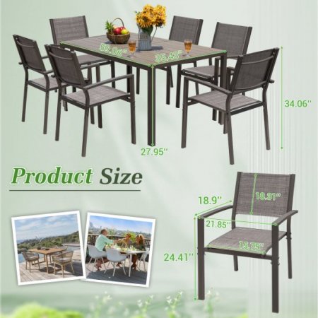 Devoko 7 Pieces Patio Dining Set Outdoor Furniture Set 6 Stackable Textilene Armchairs with Rectangular Table, Gray