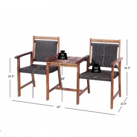Costway 2-Seat Patio Rattan Bench Acacia Wood Frame Table W/Umbrella Hole Deck