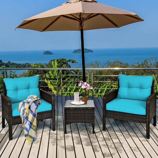 Costway 3PCS Outdoor Rattan Conversation Set Patio Garden Cushioned Sofa Chair Turquoise