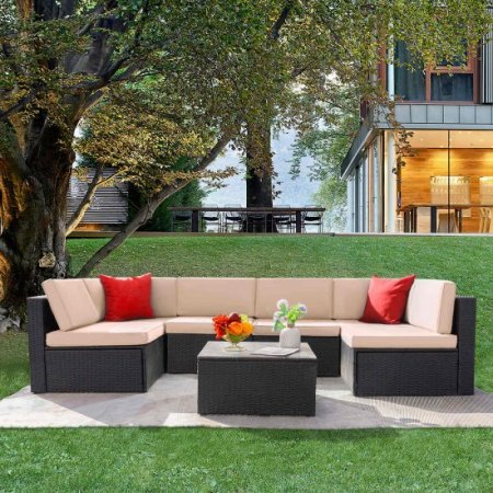 LACOO 7 Pieces Patio Conversation Set Outdoor Sectional Sofa Set PE Rattan Sectional Seating Group with Cushions and Table Beige