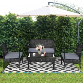 Costway 4PCS Outdoor Patio Rattan Furniture Set Cushioned Sofa Coffee Table Garden Deck