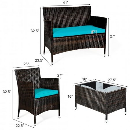 4PCS Outdoor Patio PE Rattan Wicker Table Shelf Sofa Furniture Set With Cushion