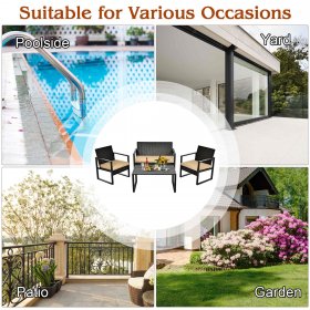 Costway 4PCS Patio Rattan Furniture Set Cushioned Sofa Coffee Table Garden Deck Brown