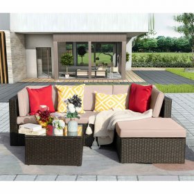 LACOO 5 Pieces Patio Rattan Sectional Set Outdoor Conversation Set with Chushions and Table, Beige