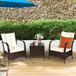 Costway 3 PCS Patio Wicker Rattan Furniture Set Coffee Table & 2 Rattan Chair W/Cushions-White