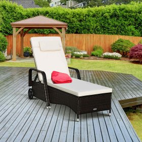 Costway Outdoor Chaise Lounge Chair Recliner Cushioned Patio Furniture Adjustable Wheels Brown