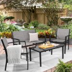 Devoko 4 Pieces Patio Furniture Outdoor furniture Outdoor Patio Furniture Set Textilene Bistro Set Modern Conversation Set Black Bistro Set with Loveseat Tea Table, Gray