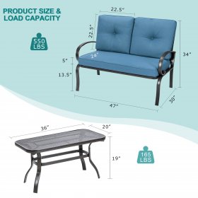 Costway 2PCS Patio LoveSeat Coffee Table Furniture Set Bench W/ Cushions Blue