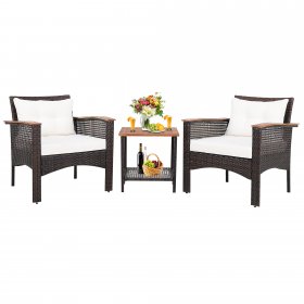 Costway 3PCS Patio Rattan Furniture Set Acacia Wood Table Top W/Shelf Cushioned