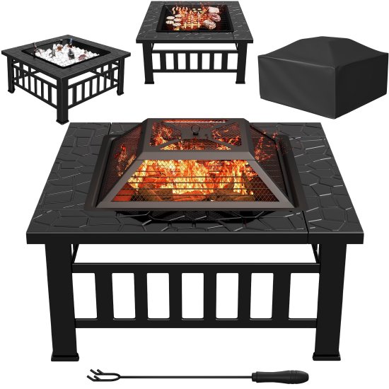 Lacoo 32\" Patio Square Fire Pit Table for Patio Backyard BBQ, Ice Storage with Mesh Lid, Poker and Cover, Black