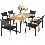 Costway 7PCS Patio Rattan Dining Chair Table Set Solid Wood Frame Umbrella Hole