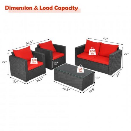 Costway 4PCS Patio Rattan Furniture Set Cushioned Sofa Chair Coffee Table Garden Red