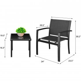 Devoko 3 Pieces Patio Furniture Set Textilene Bistro Set Outdoor Patio Conversation Set Modern Porch Furniture Lawn Chairs with Coffee Table, Black