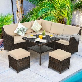 Costway 6PCS Patio Rattan Dining Sofa Furniture Set Ottoman Table Lower Shelf