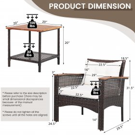 Costway 3PCS Patio Rattan Furniture Set Acacia Wood Table Top W/Shelf Cushioned