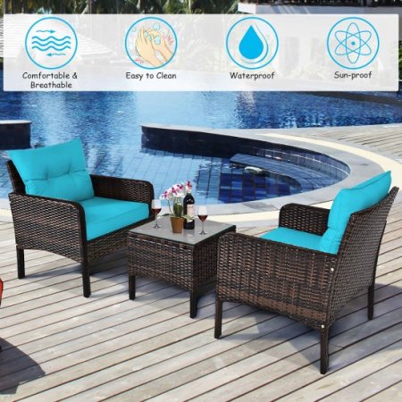 Costway 3PCS Outdoor Rattan Conversation Set Patio Garden Cushioned Sofa Chair Turquoise