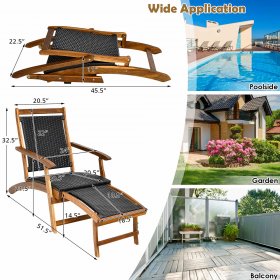 Costway Patio Folding Rattan Lounge Chair Wooden Frame W/ Retractable Footrest