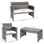 Costway 4PCS Patio Rattan Furniture Set Conversation Glass Table Top Cushioned Sofa, White